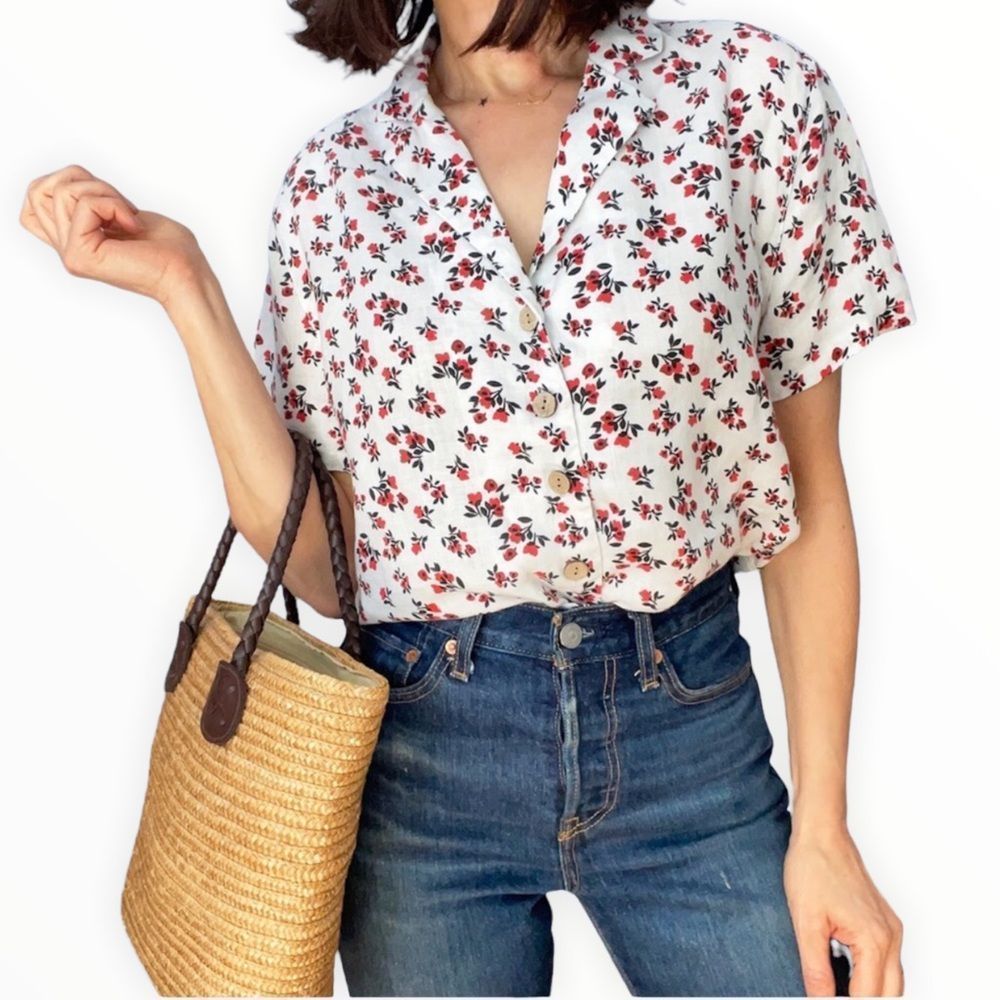 Cynthia Rowley Mini Floral Button Down Linen White Collared Blouse